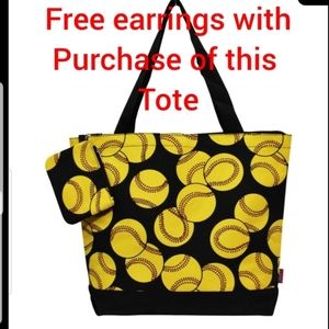 🆕️ Softball Sport Tote Bag w/free Earri